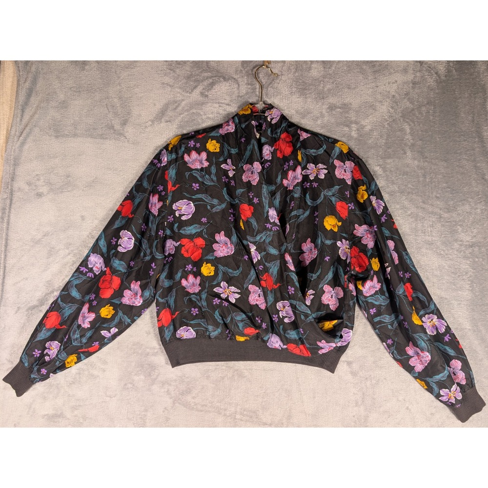 Vintage Carole Little Saint-Tropez West 100% Silk Floral Blouse Black Size 10
